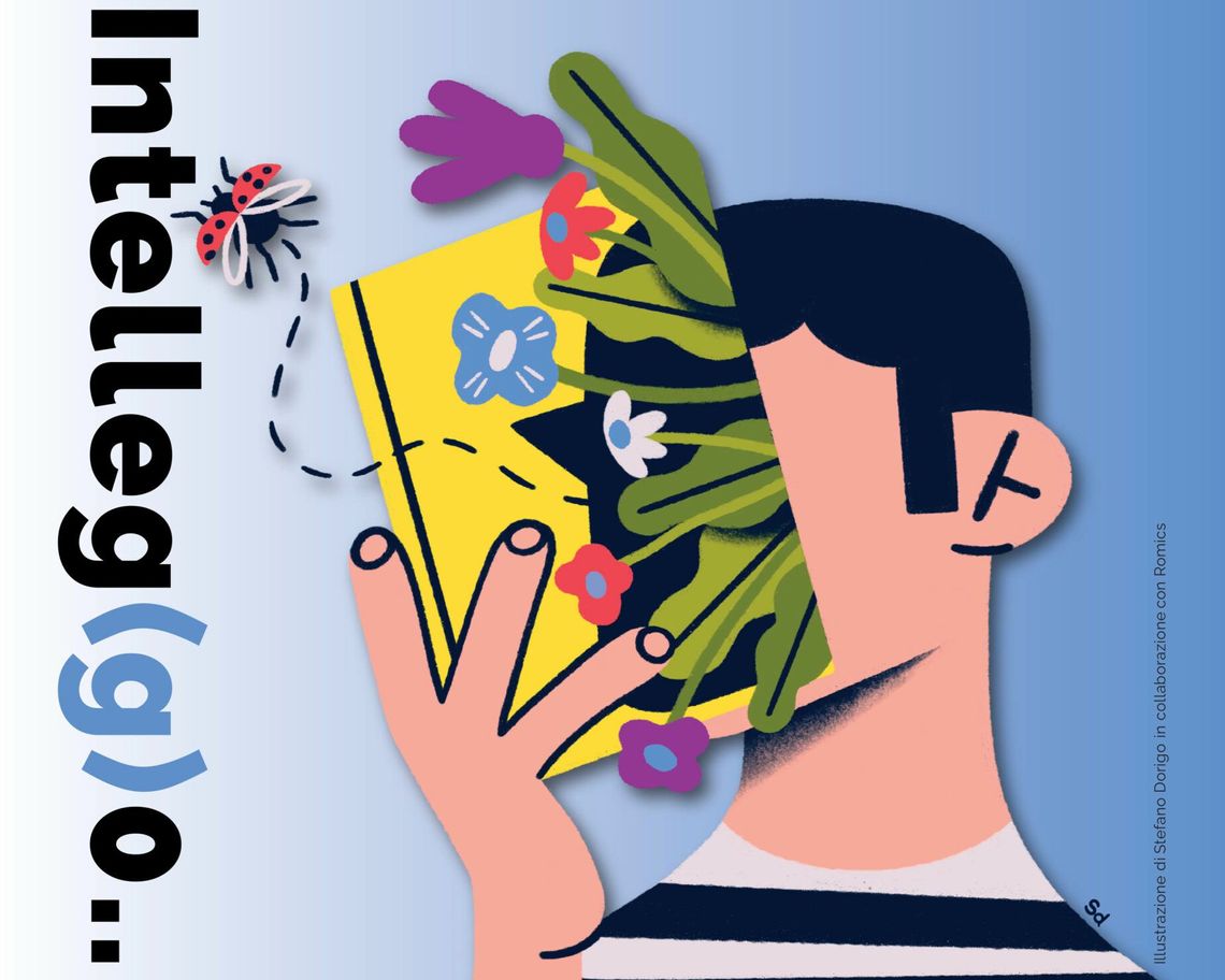 testa di ragazzo con un libro aperto con la copertina gialla da cui escono dei fiori