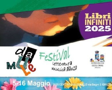 Collage di quattro locandine con illustrazione promozionale per il Maggi dei Libri con volto di un uomo immerso in un libro dal quale spuntano fiori