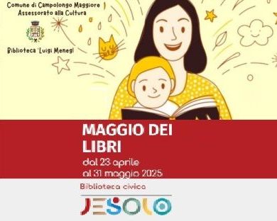 Collage di quattro locandine con illustrazione promozionale per il Maggi dei Libri con volto di un uomo immerso in un libro dal quale spuntano fiori