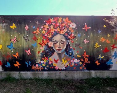 Ritratto realistico di una giovane ragazza ripresa frontalmente, con capelli castani lunghi sciolti dietro le spalle, attorniata da farfalle di vari colori che volano ovunque. In testa porta un casco di fiori rosa, gialli e bianchi e lo sfondo è grezzo. La giovane spicca così come gli insetti che volando ovunque richiamano i pensieri e la bellezza dell'immaginazione.