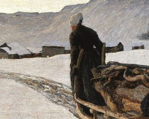 Donne di spalle che trascina una slitta piena di legno sulla neve