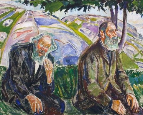 Due uomini anziani con la barba seduti, sullo sfondo un albero e colline