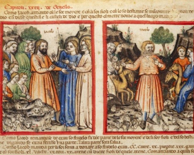 Due quadri con Giacobbe prima con angeli poi con la gente e in basso un gregge di pecore