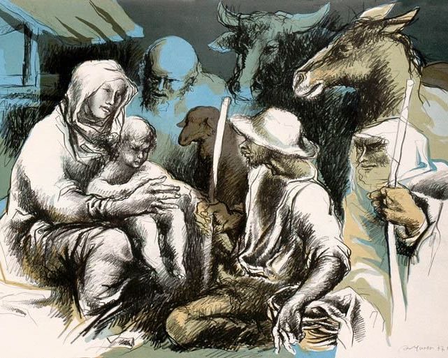 sacra famiglia nella capanna con asino, bue, pecore e pastori