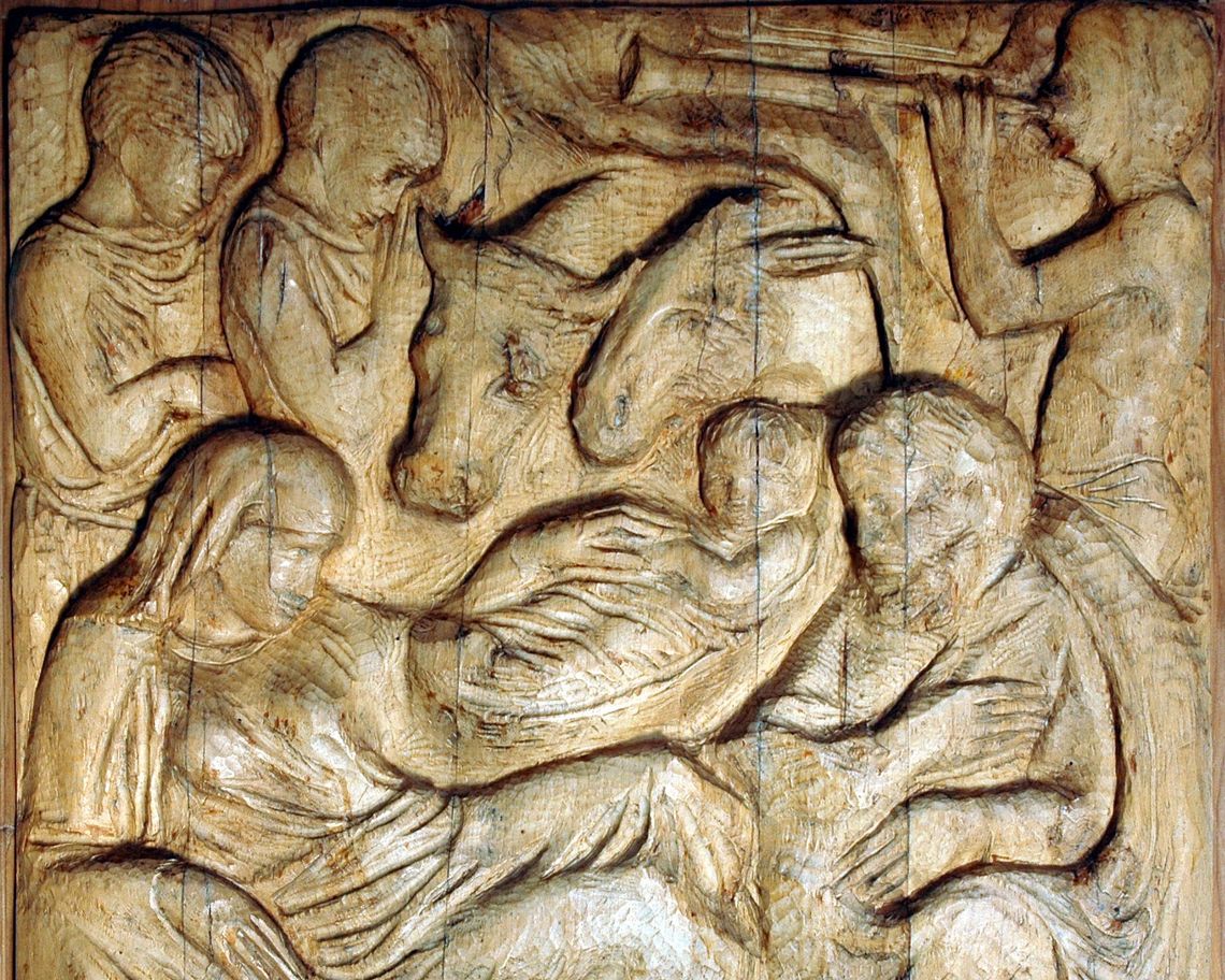 Natività con asino, bue, pastori e angelo che suona il flauto