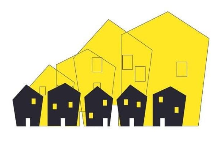 riga di case nere con case gialle dietro su sfondo bianco