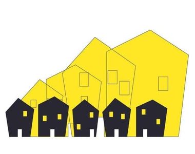 riga di case nere con case gialle dietro su sfondo bianco