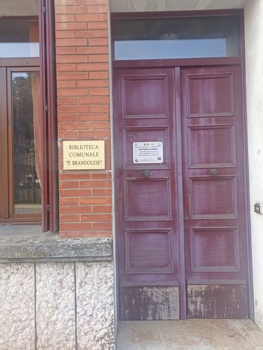 Porta d'ingresso della biblioteca in legno scuro con 4 cassettoni per ogni anta e in primo piano insegna della biblioteca in ottone.