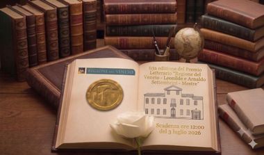 scrivania con libri antichi, libro con scritte e loghi e rosa bianca