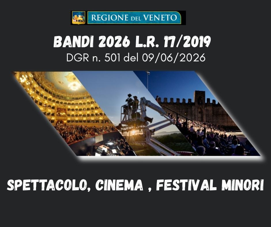 immagini di spettacoli con logo della regione e scritte su sfondo scuro
