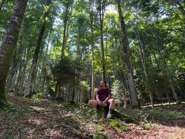 Giovanni Esposito in maglietta a pantaloncini seduta su un ceppo nel bosco