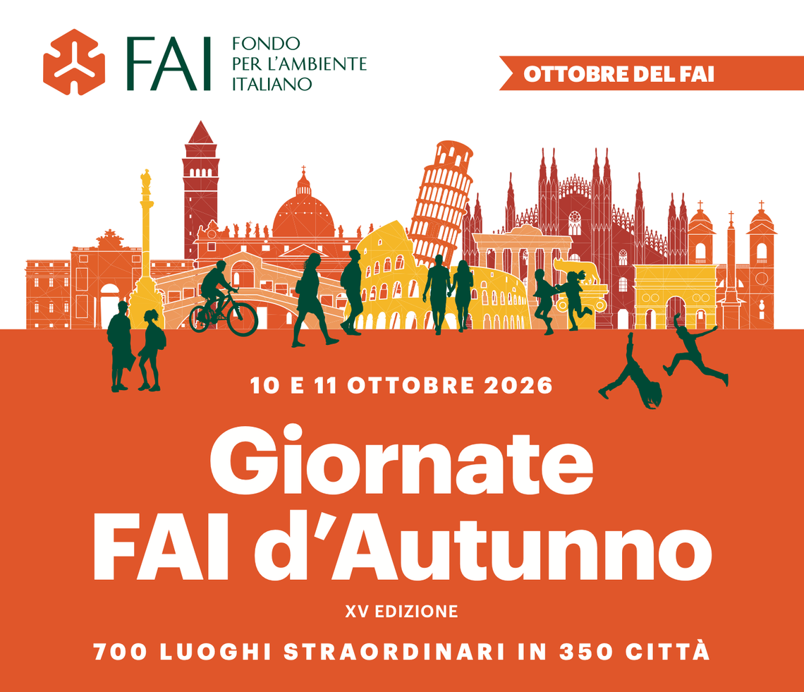 logo del FAI e grafica con profilo di città e persone e scritte bianche su sfondo arancione