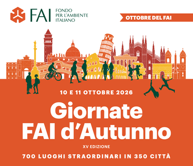 logo del FAI e grafica con profilo di città e persone e scritte bianche su sfondo arancione