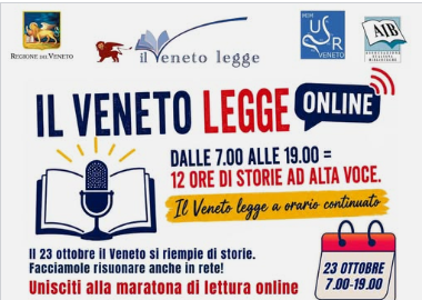 Locandina con un l'immagine di microfono e di un libro e testo d'invito a partecipare alla maratona di lettura in diretta