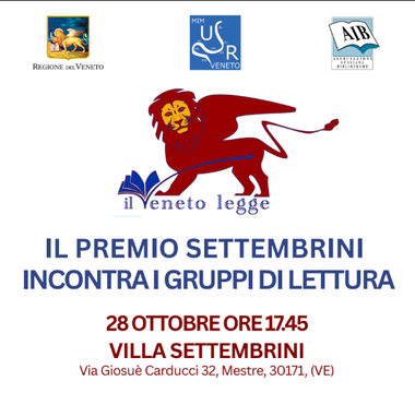 Locandina con i tre lòoghi degli enti organizzator (Regine Miur e Aib) e disegnoa centrale del Leone di San Marco con il libro aperto (simbolo della manifestazione il Veneto Legge)